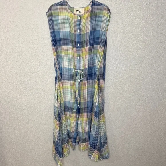 Mii Collection Handwoven Plaid Blue Small Midi Dress Lightweight Summer Colorful - Picture 2 of 8
